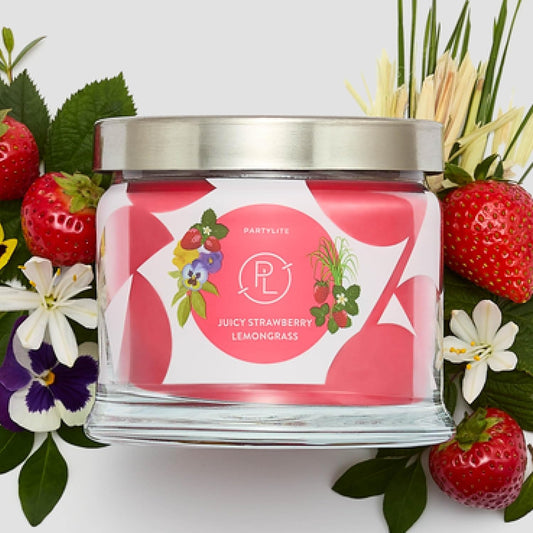 PartyLite Juicy Strawberry Lemongrass Scented, Notes of Lemongrass, Eucalyptus, Pansies, Verbena & Cedarwood, 13.2oz 3-Wick Jar Candle, 45 Hour Burn Time, Luxurious Fragrance, Ideal for Gifting