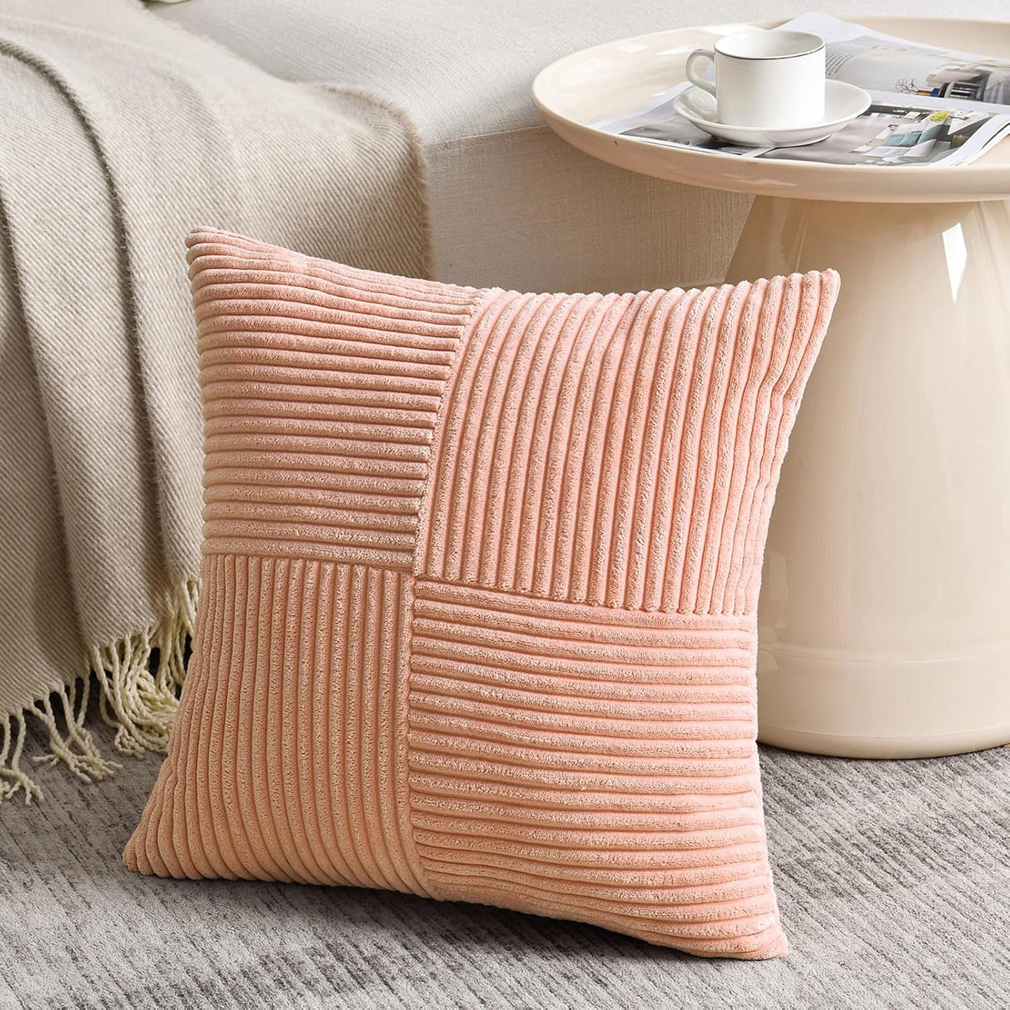 Fancy Homi 2 Packs Peach Decorative Throw Pillow Covers 20x20 Inch for Living Room Couch Bed Sofa, Rustic Farmhouse Boho Home Decor, Soft Corss Corduroy Patchwork Accent Square Cushion Case 50x50 cm