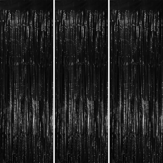 3 Pack 3.3x8.2 Feet Black Foil Fringe Backdrop Curtains, Tinsel Streamers Birthday Party Decorations, Fringe Backdrop for Graduation, New Years, Halloween, Disco Party