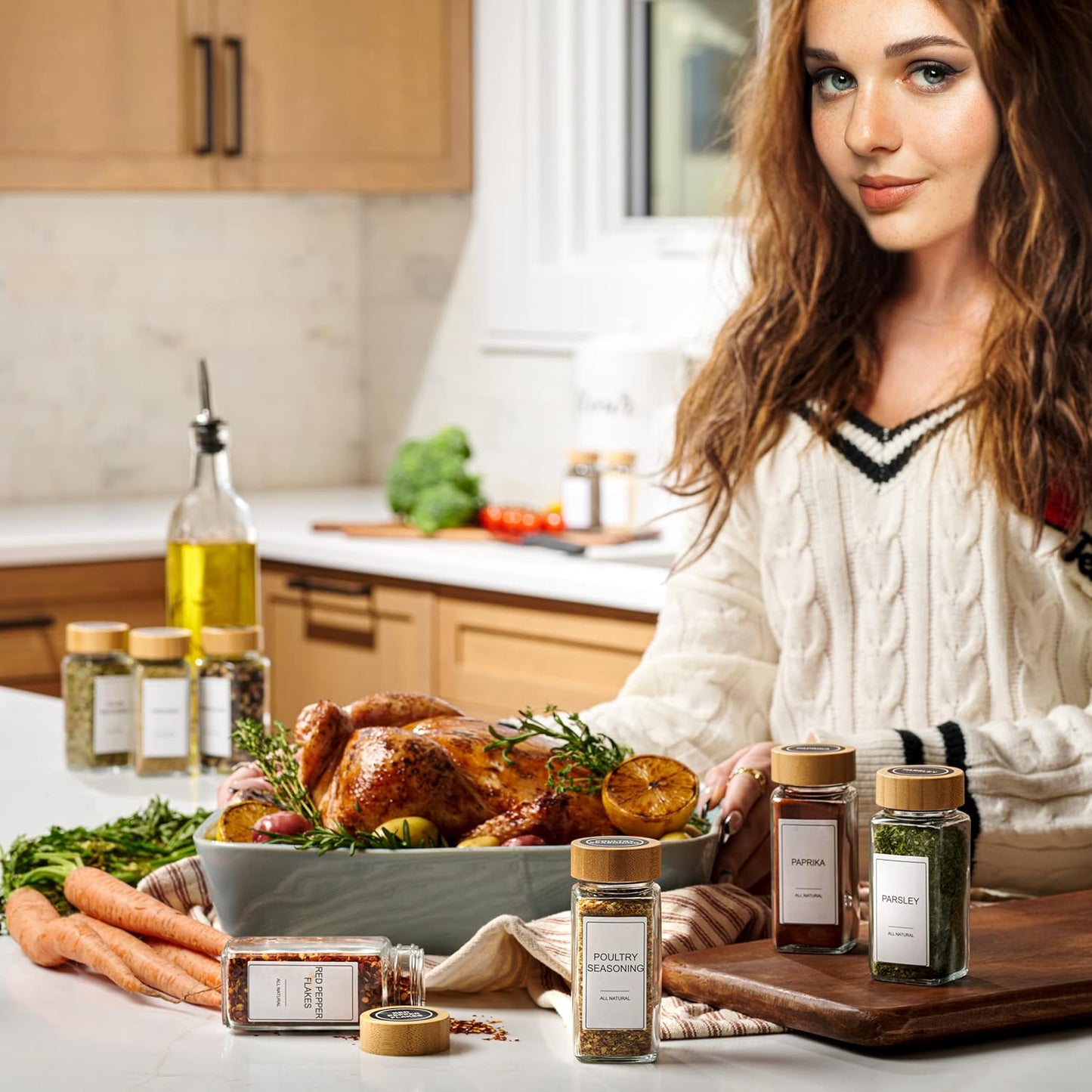 Set of 24 Glass Spice Jars with Various Labels, Bamboo Shaker Lids & Funnel, Kitchen Storage Jars with Airtight Lid, Spices & Seasonings Sets Organizer, Spice Containers, Glass Jar Food Canister