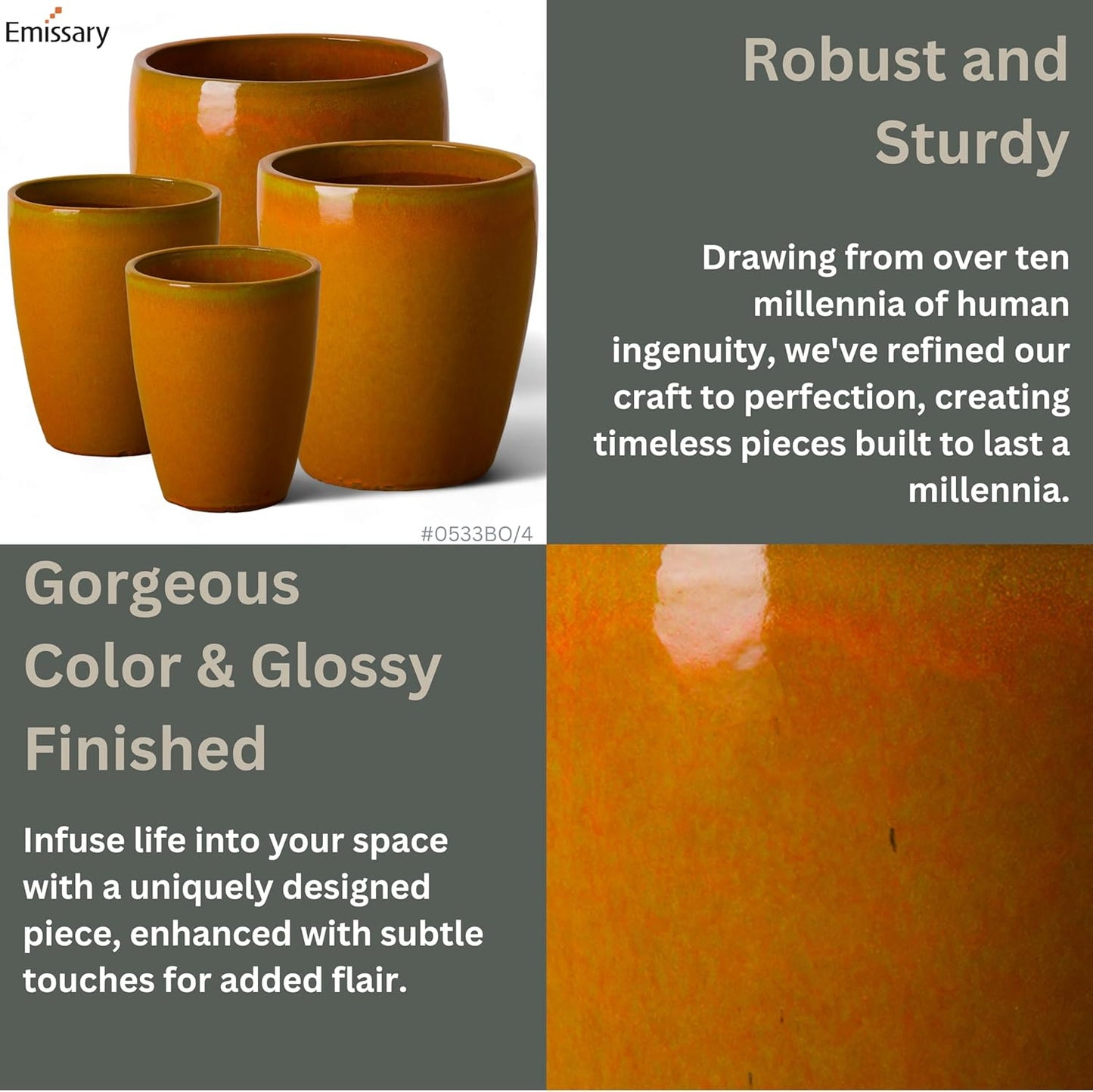 Emissary Bullet 18 in. Bright Orange Ceramic Round Planter (18 in. L x 18 in. W x 21 in. H) with Drainage Hole