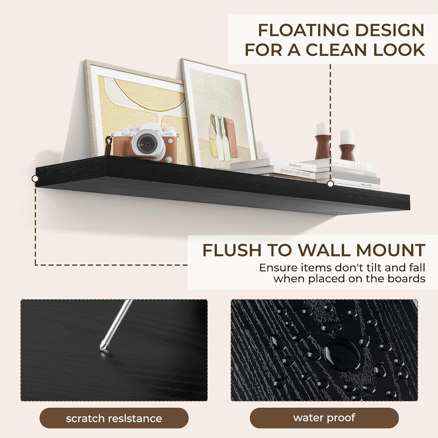 RICHFOCUS 48Inch Floating Shelves for Wall 1 Pack Shelves for Bedroom|Kitchen|Bathroom Wall Mounted Rustic Wood Floating Shelf with Invisible Brackets for Books|Storage|Decor, Black