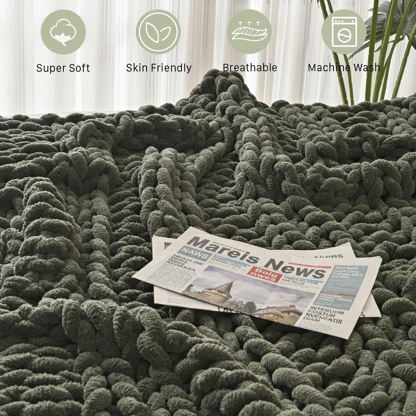 Esterra Chunky Knit Blanket Throw, 100% Handmade Chenille Throw Blanket 40"x50", Soft Thick Yarn Cable Knit Crochet Throw Blanket Rope Knot Throw for Couch Bed Sofa, Dusty Olive