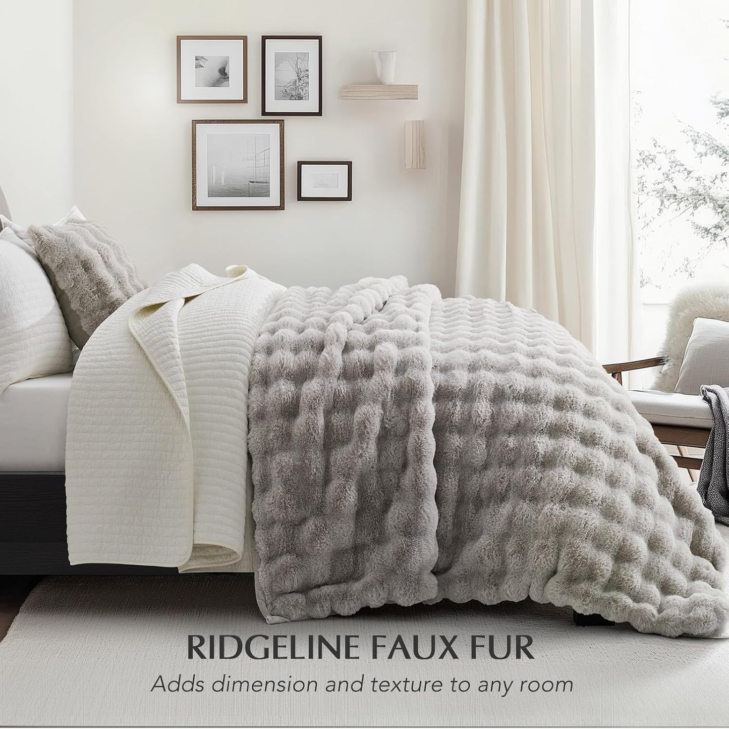 EVERGRACE Ultra Soft Luxury Fluffy Ridgeline Faux Rabbit Fur Throw Blanket, Thick Warm Fuzzy Blankets for Winter, Cozy Plush Reversible Blanket for Couch, Bed, Sofa, Taupe, 80x90 Inches, 870 GSM