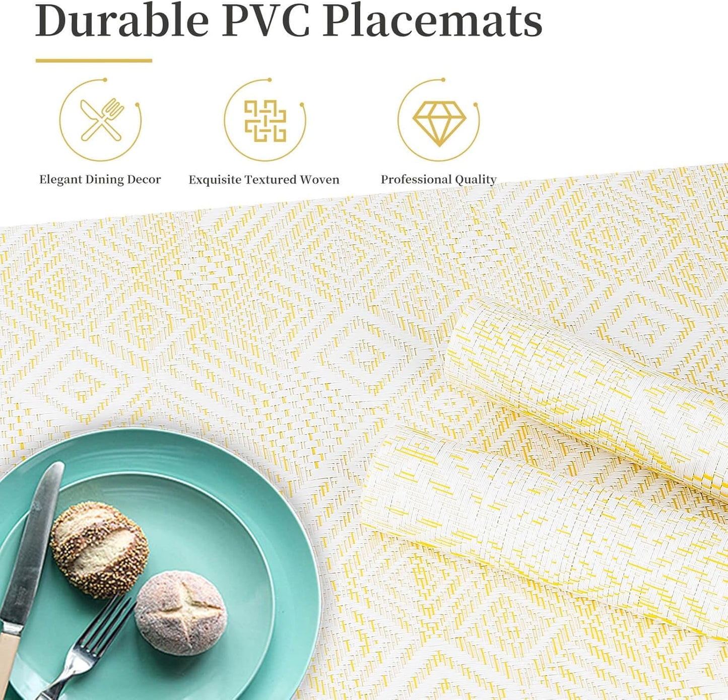 Vinyl Plastic Placemats Set of 6 Washable Heat Resistant Non-Slip Elegant Indoor Outdoor Kitchen Dining PVC Woven Table Place Mats (Yellow Squares)