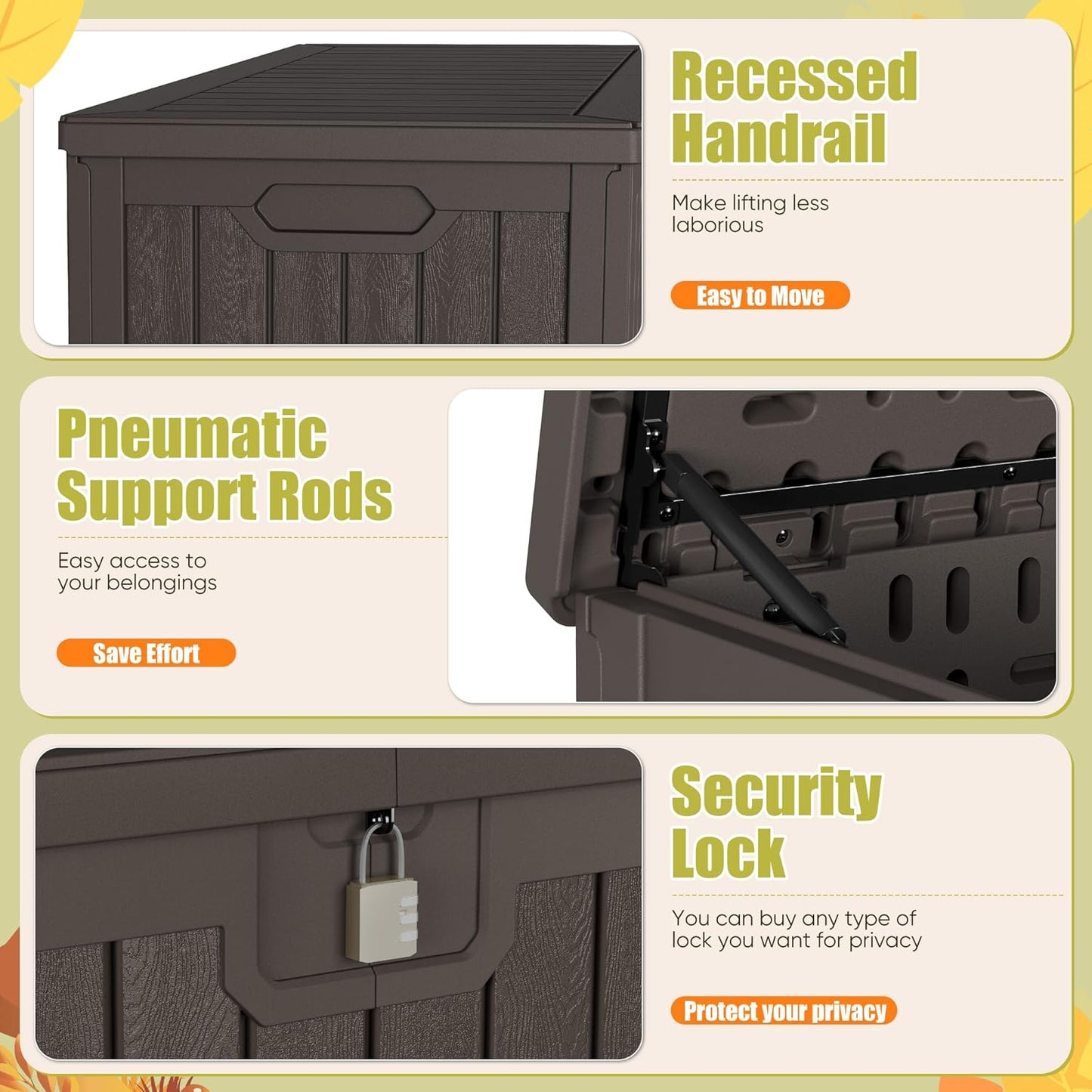 Devoko 240 Gallon Double-Wall Deck Box with Divider, Side Handles, Resin Outdoor Large Storage Box Waterproof and Lockable for Patio Furniture, Garden, Pool (Brown)