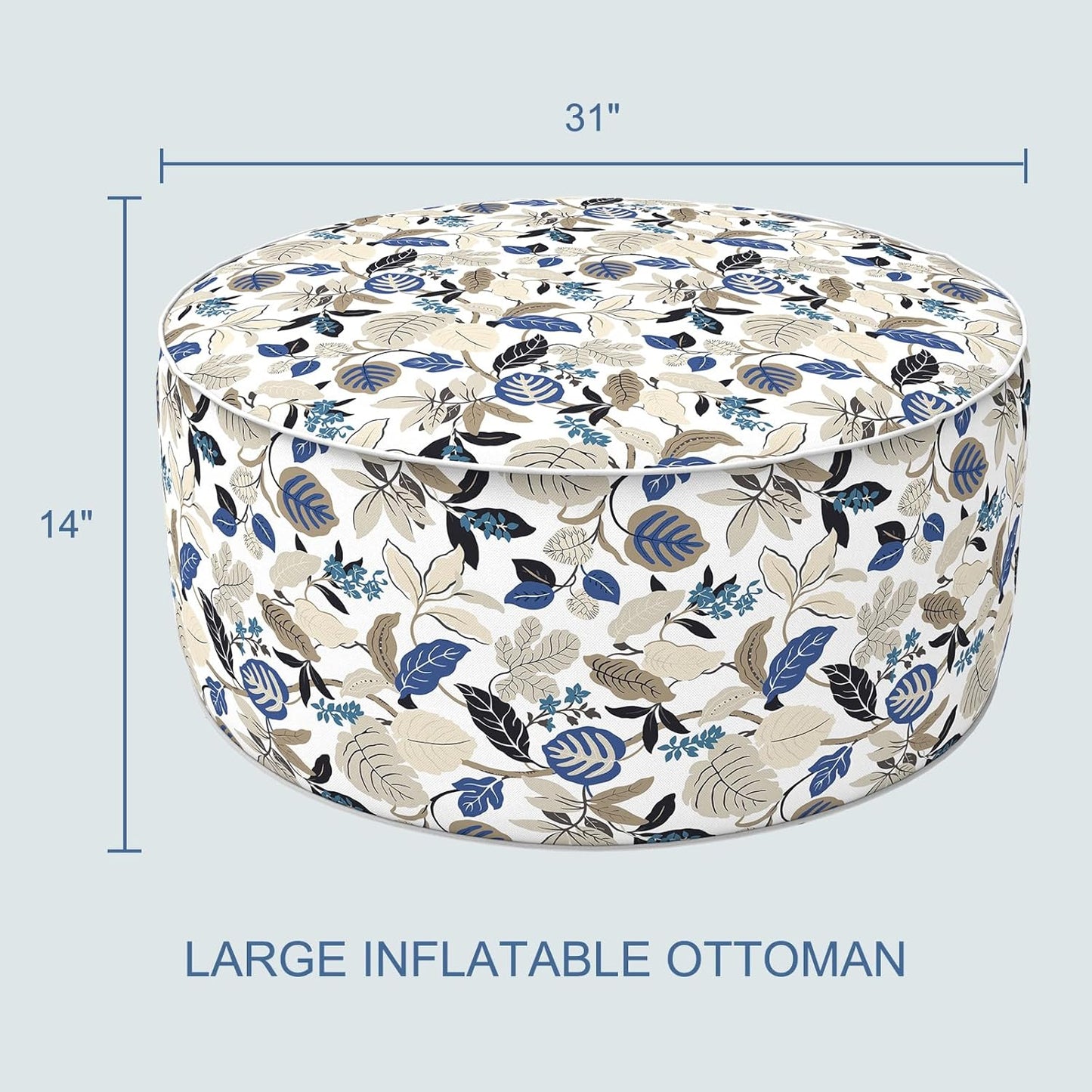 LVTXIII Indoor/Outdoor Inflatable Ottoman, D31 x H14 Inch Large Round Ottoman, All Weather Foot Rest Stool, Portable Footrest for Patio, Garden, Camping and Home - Breeze Leaves Beige