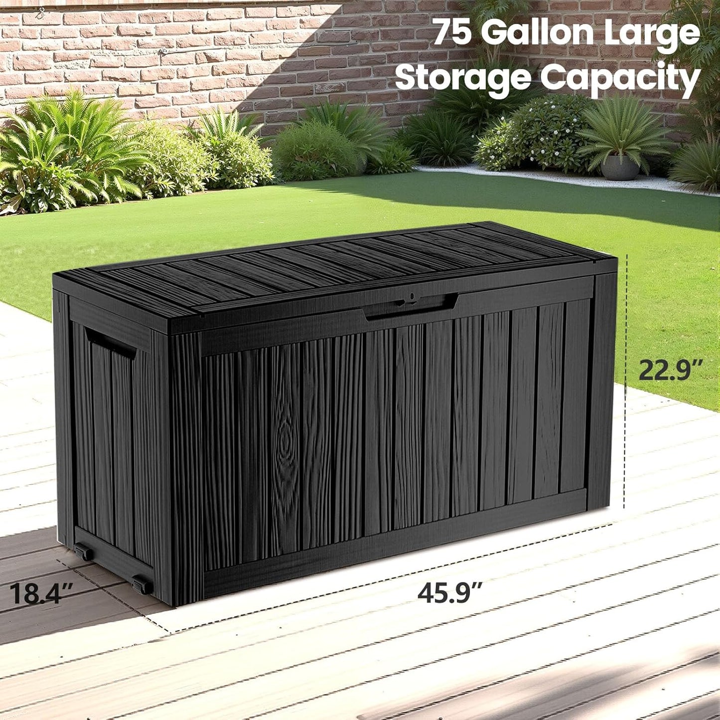 75 Gallon Outdoor Storage Box - Waterproof Resin Deck Box for Patio Cushions & Garden Tools - Lockable Indoor/Outdoor Storage Bin - Sleek Black Design