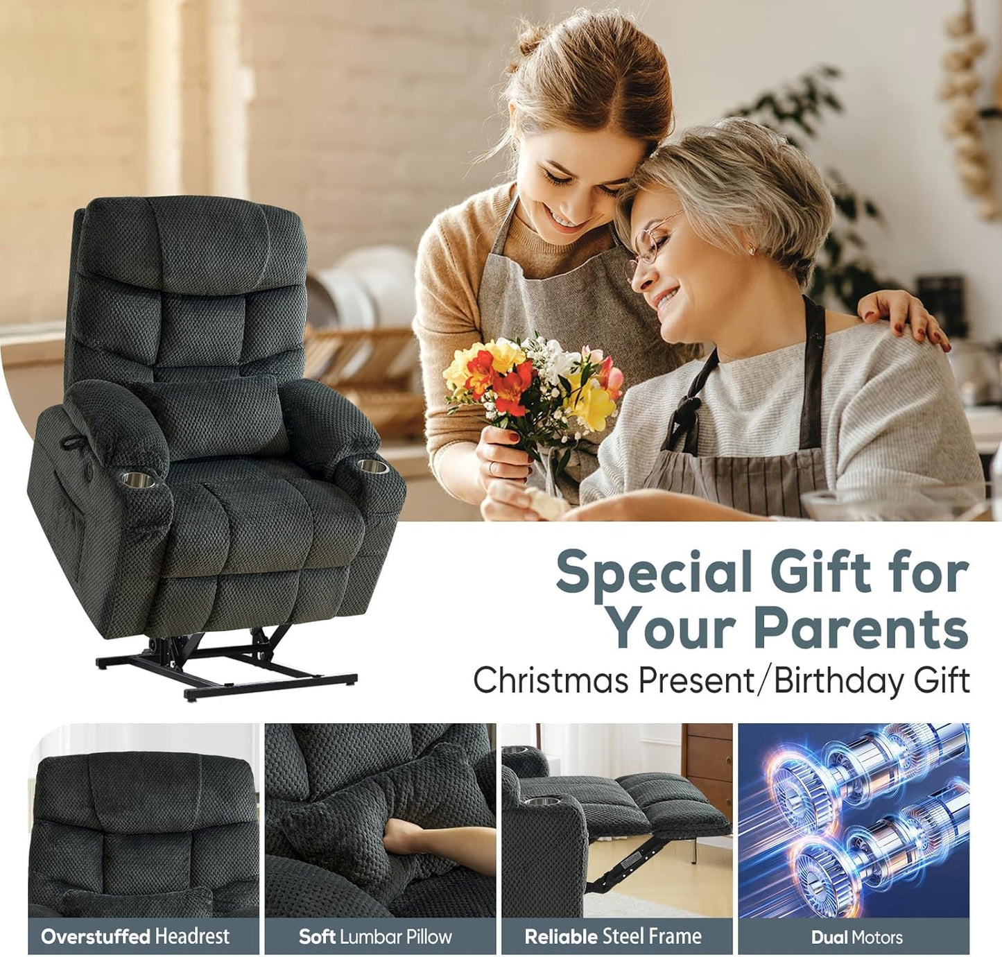 Oversized Dual Motor Lay Flat Power Lift Recliner Chair Set of 2 for Elderly with Massage and Heat, Textile Large Recliner Chair, Lift Chairs Recliner with Lumbar Pillow, Cup Holder, Grey