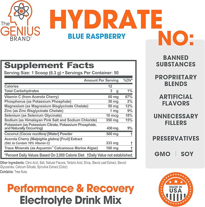 Genius Hydrate Stick Pack Powder Drink Mix – Blue Raspberry Flavor, Natural Electrolyte Booster with Coconut Water & Potassium for Ultimate Hydration -20 Packets