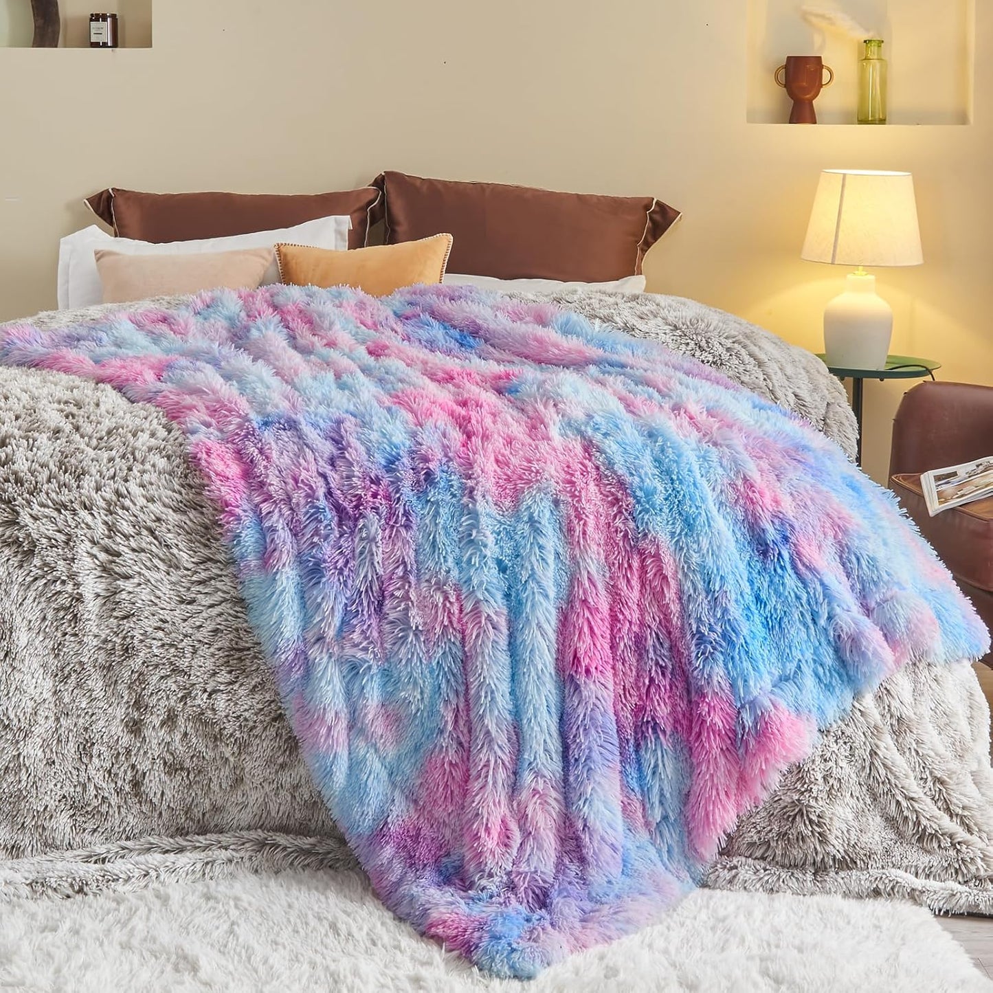GONAAP Fuzzy Faux Fur Throw Blanket Purple Rainbow Super Soft Cozy Plush Fuzzy Shaggy Blanket for Couch Sofa Bed (Purple Rainbow, Throw(50"x60"))