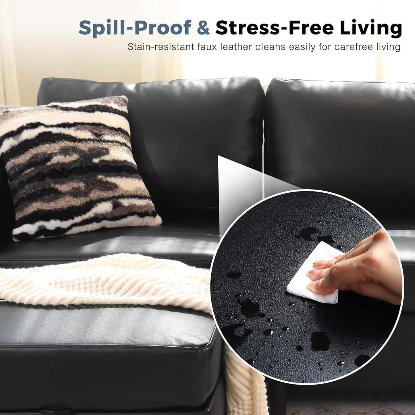 ABCASA 118.5" Faux Leather Modular Sectional Sofa, 7 Seater U Shaped Couch with Storage Seat with Reversible Chaise Deep Seat for Living Room Black