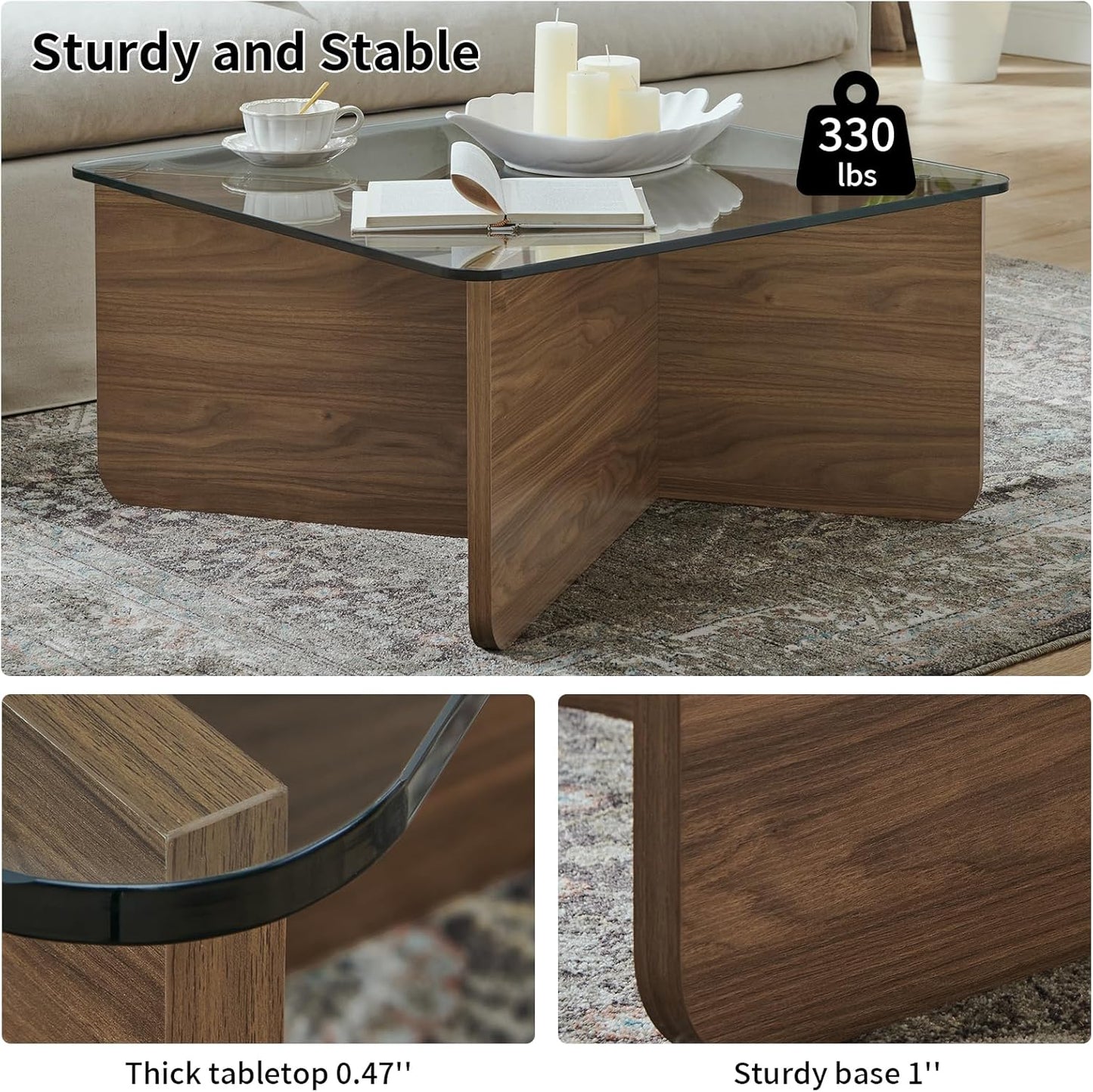 31.5" Glass Coffee Table, MDF Mid-Century Modern Square Coffee Table with Tempered Glass Top, Square Center Tables for Small Space Living Room Office Apartment, Walnut