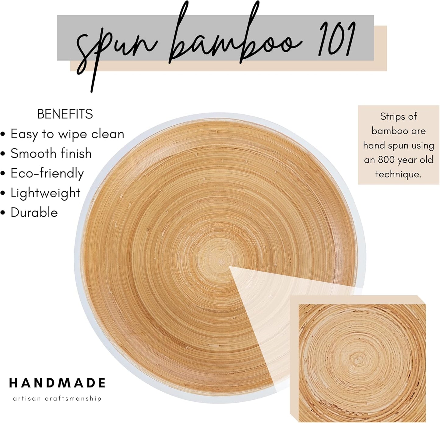 Fruit Bowl For Kitchen Counter, Decorative Bowl, Large Serving Bowl Or Fruit Basket For Kitchen Spun Bamboo (White)