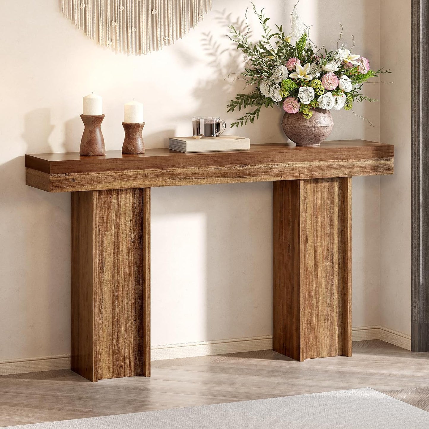 55Inch Farmhouse Console Table,Wooden Rectangular Sofa Table Behind The Couch,Entryway Console Table with Storage for Living Room, Hallway,Entrance (Light Brown)