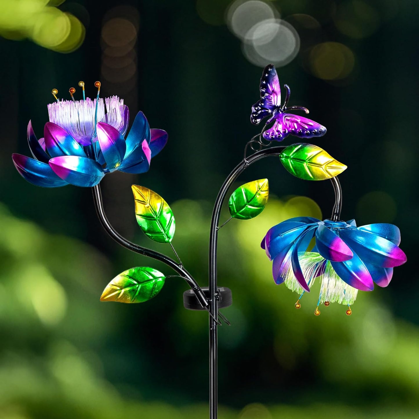 50'' Solar Powered Kinetic Wind Spinner Sculpture Blue Lotus Metal Stake Spinner for Patio, Lawn and Garden Decor Weather Resistant Outdoor Art with Dual Lotus with Butterfly Design