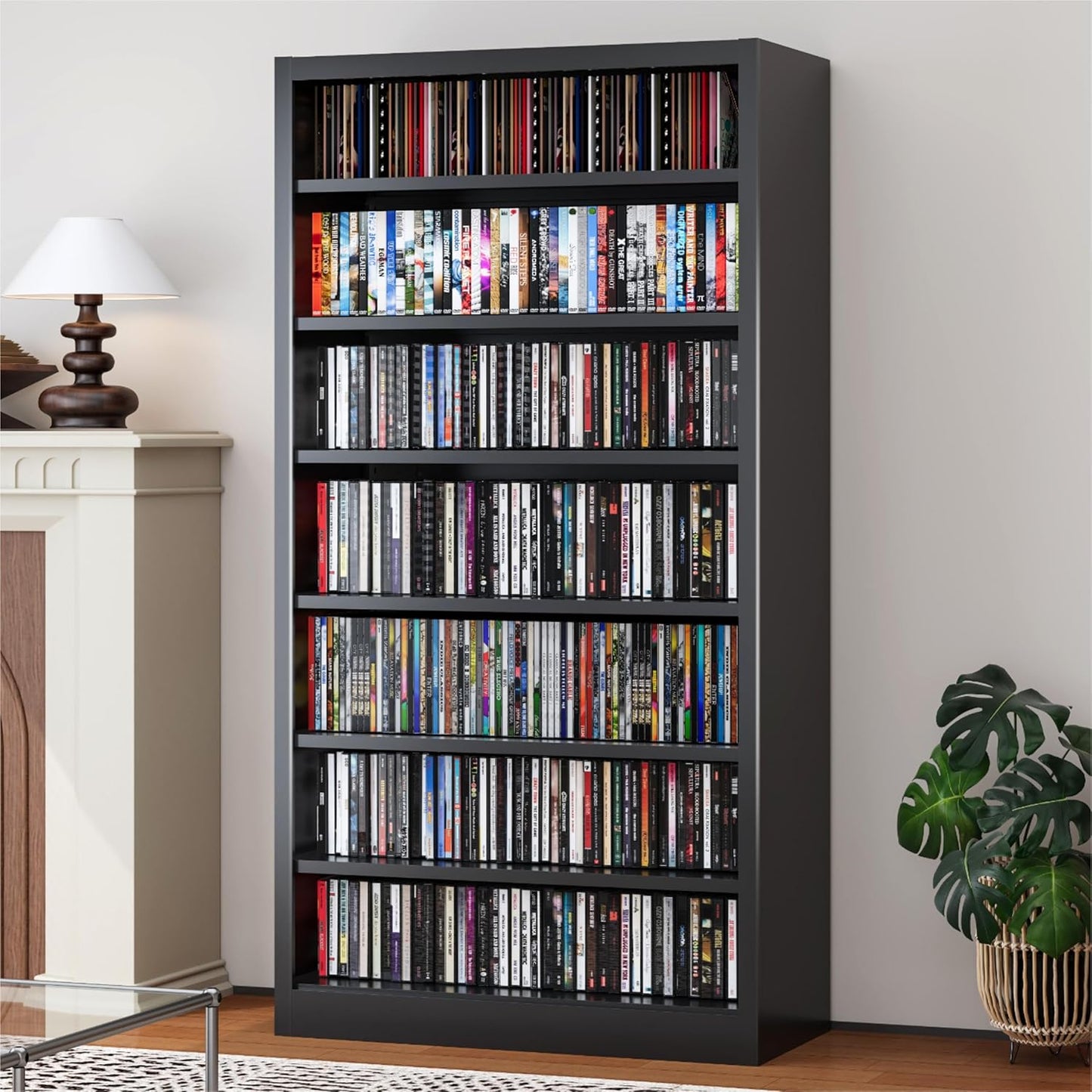 Metal DVD Storage Cabinets, 7-Tier CD Storage Rack with Adjustable Shelves, DVD Organizer Shelf, Media Shelves for CD Holder, Books, Games, Black Book Shelf for Living Room & Home Office (Black)