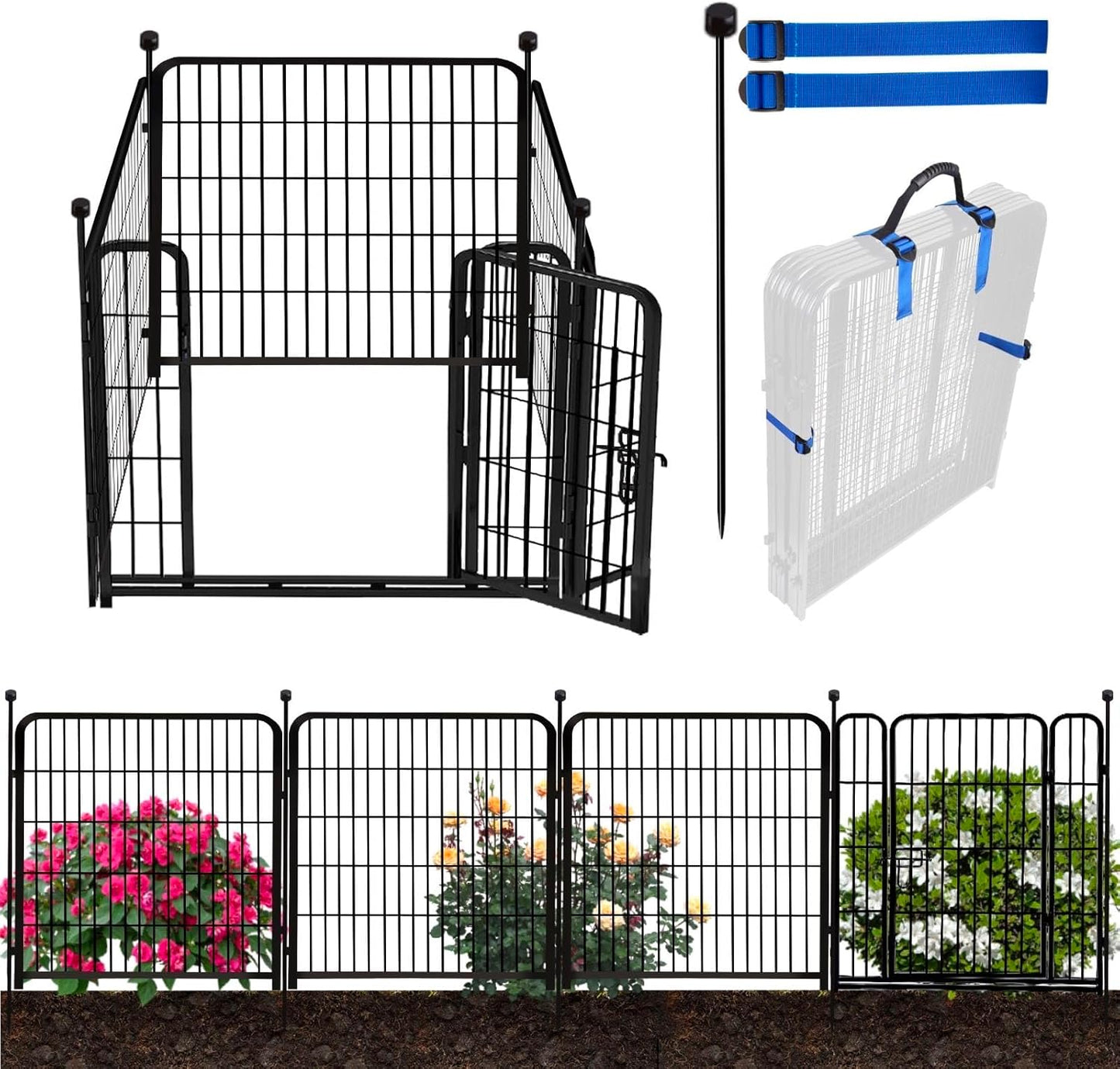 ADAVIN 48 in(H) Garden Fence, Low Threshold Door, Yard Fence for Dogs, 4 Panels Total 8.9 Ft(L) Garden Fencing Animal Barrier, Black Iron Metal Heavy Duty Pet Fences,Dog Digging Fences Barrier