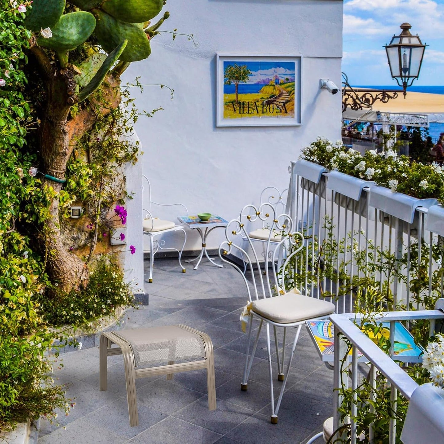 Patio Dining Chairs Footstools Outdoor Aluminum Ottoman Assembled Footrest Side Table 2 Set Champagne