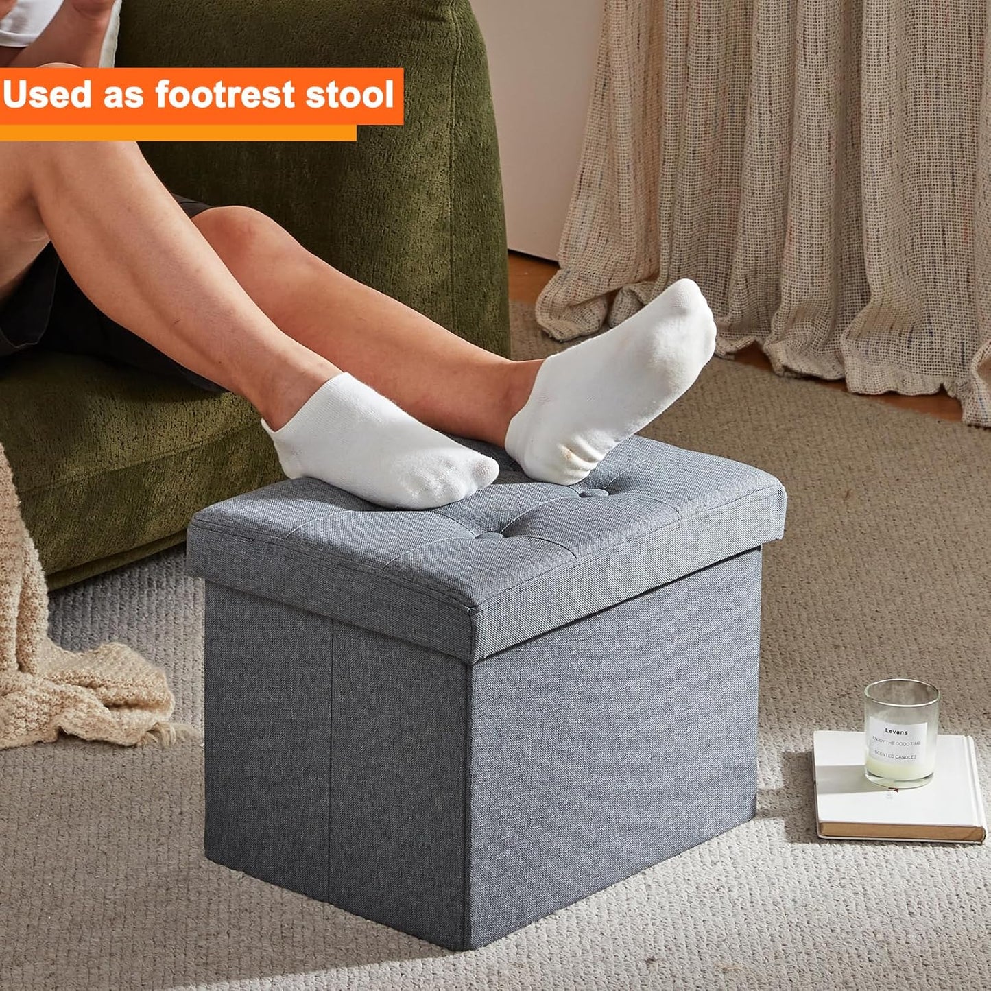 ALASDO Storage Ottoman Footrest Stool Small Ottoman with Storage Foldable Ottomans Foot Rest Footstool Bench for Living Room 17x13x13inches Grey