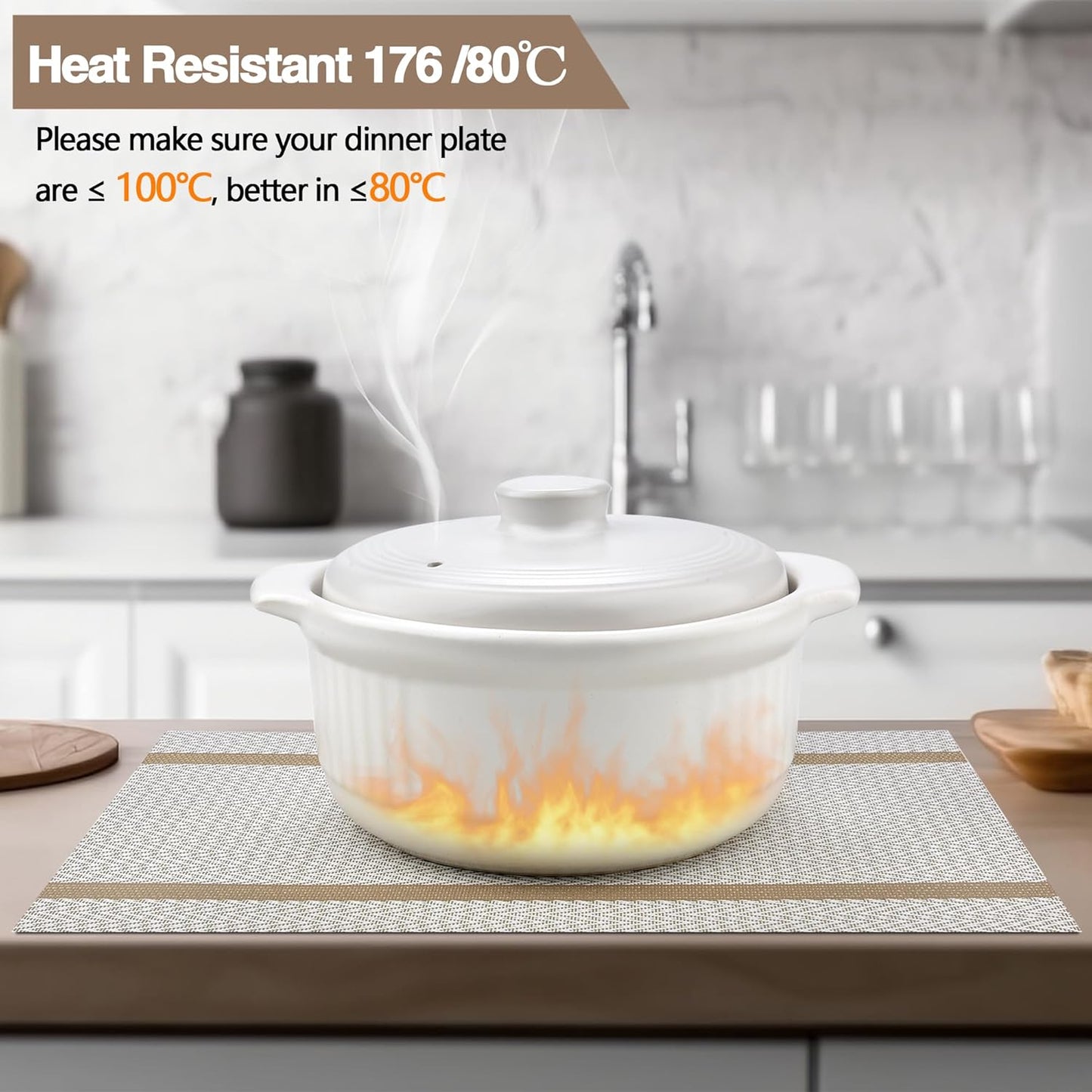 Beige White Placemats Set of 6 - Easy Clean Modern Durable Washable Vinyl Place Mats - Heat Resistant Placemats for Kitchen Table - PVC Table Mats for Dining Table (Beige White with Stripes, 6)