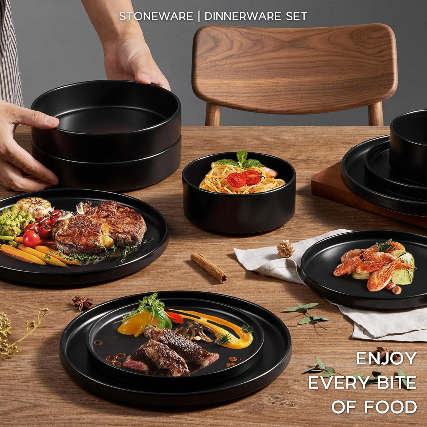 Onader Stoneware Dinnerware Set for 2 with Pasta Bowl, 8 Piece Plates and Bowls Dish Dinner Set, Microwave & Dishwasher Safe - Ebony Black