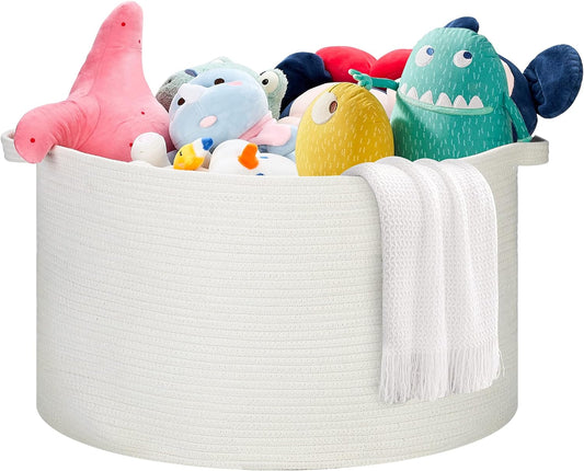 Ravinte Blanket Basket - 20"x 20"x 13" Cotton Rope Basket for Living Room, Baby Toy Storage Basket, Large Woven Laundry Basket (White)