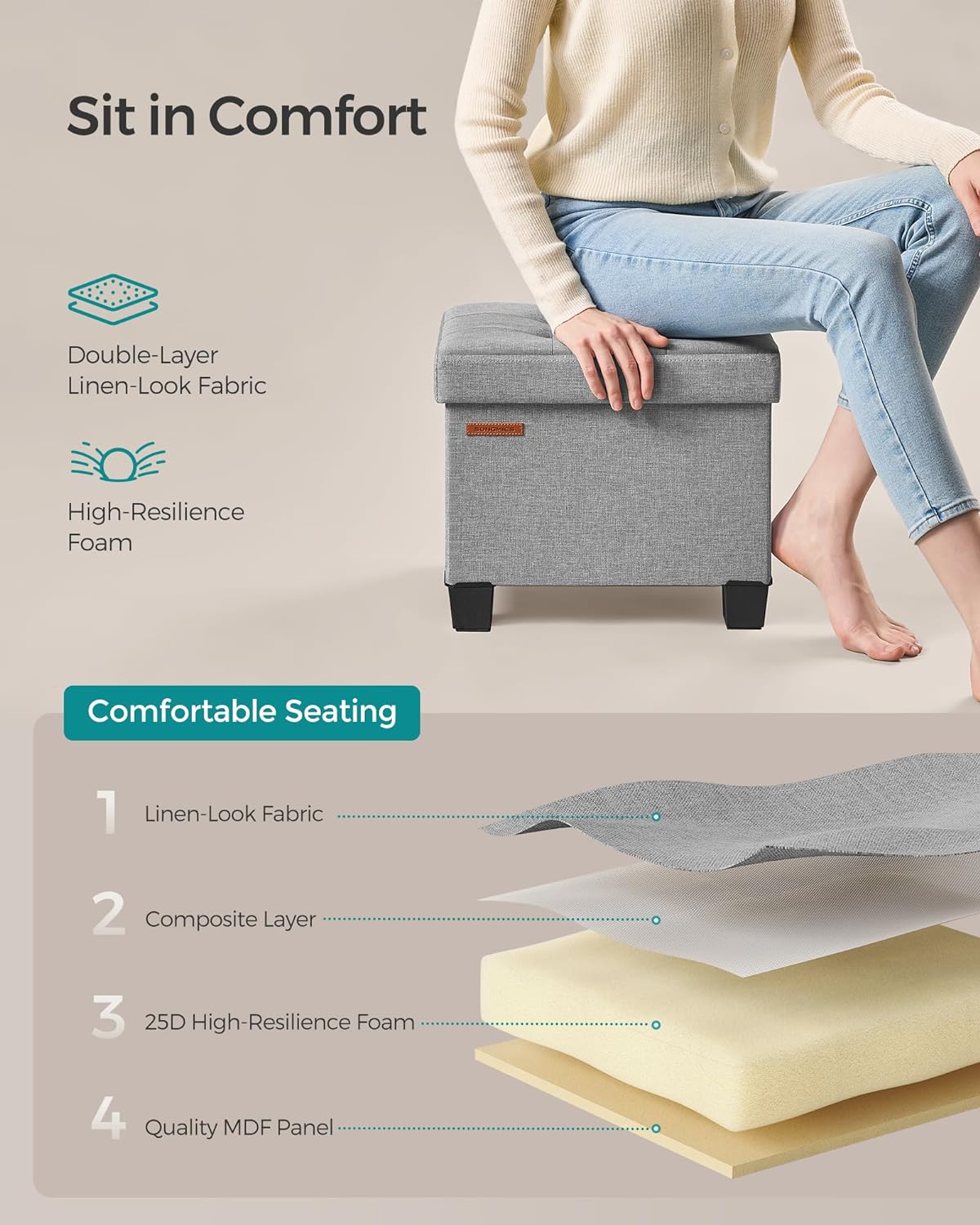 SONGMICS Storage Ottoman, Small Ottoman Foot Rest with Legs, 12.6 x 15.8 x 13.2 Inches Foot Stool, Load up to 660 lb, for Living Room, Bedroom, Dorm, Dove Gray ULSF012G02