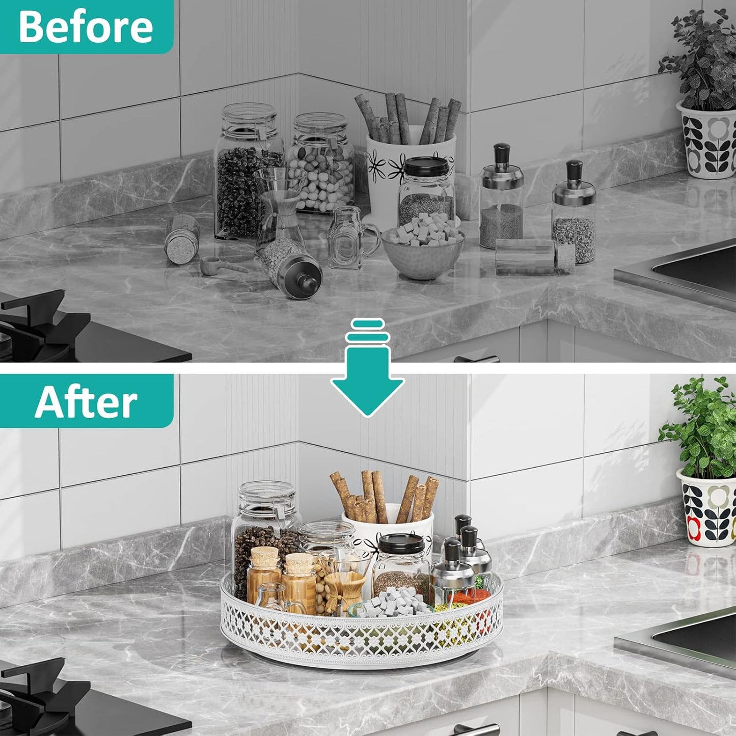 Ovicar Lazy Susan Organizer Turntable - 11 inch Rotating Spice Rack Metal Lazy Susan for Cabinet Pantry Kitchen Countertop Dining Table Cupboard Bathroom Refrigerator Vanity (11 inch White)