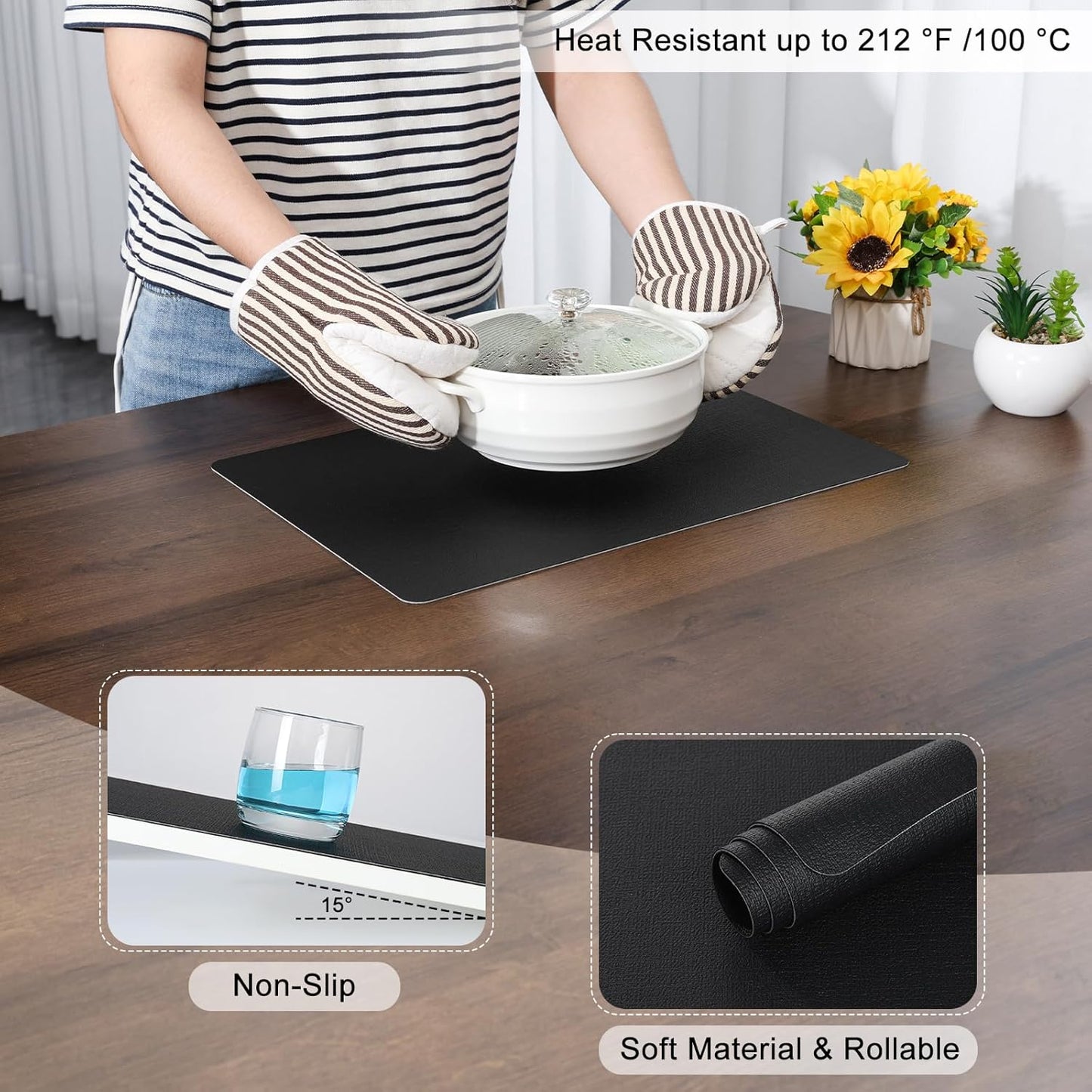 Myir JUN Placemats Dual Sided, Faux Leather Place Mats Set of 4 Indoor Placemats for Dining Table Outdoor Placemats Square Non-Slip Washable Table Mats (Black, Set of 4)