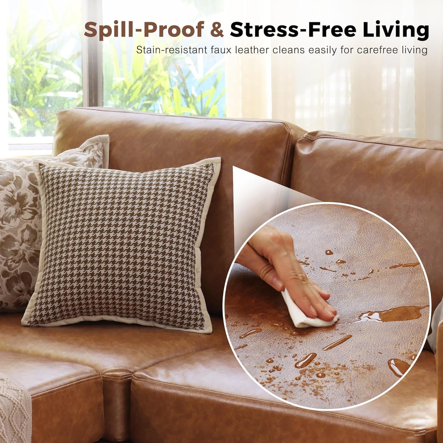 91.5" Faux Leather Modular Sectional Sofa, L Shaped Couch Set for Living Room, 3-Seater Comfy Cloud Couches with Movable Storage Ottoman,DIY Combination - Brown