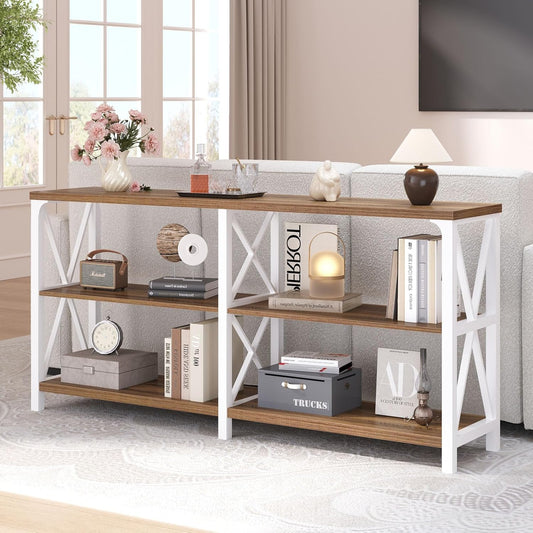 LVB Industrial Entryway Table, Farmhouse Rustic Console Table Behind Couch, Long Metal Sofa Table with Storage Shelf, Modern Hallway Table for Living Room Bedroom,White and Rustic Oak,63 inch