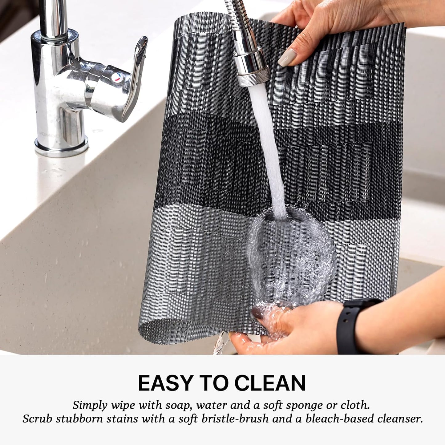 LEXMORE Placemats Set of 6 Vinyl/Plastic Woven Place Mats for Kitchen Table Indoor/Outdoor Washable Placemat Wipeable Dining Table Mats(E-Silver Gray Black)