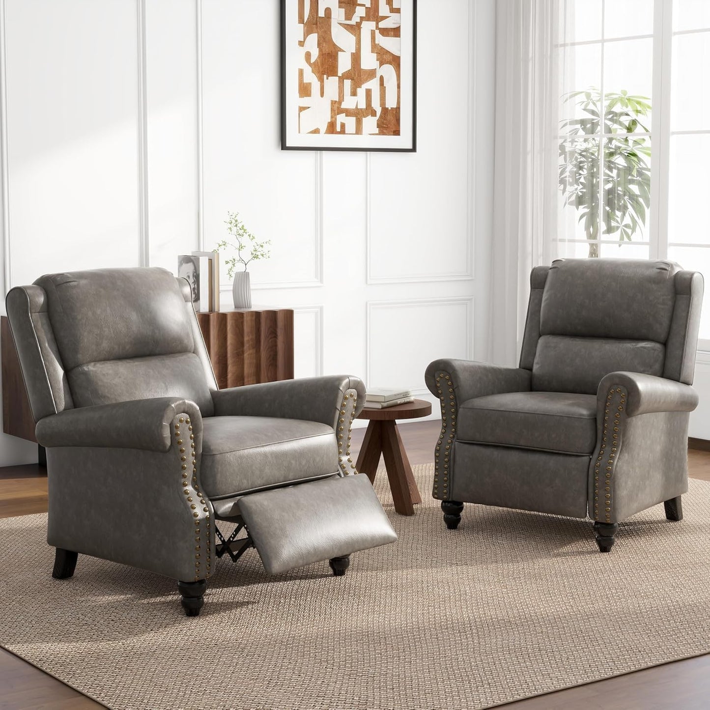 UIXE Pushback Recliner Chairs Set of 2, Faux Leather Armchair Push Back Accent Chair for Living Room, Rivet Trim Club Arm Chair Overstuffed Home Theater Single Sofa Reading Seat with Footrest - Gray