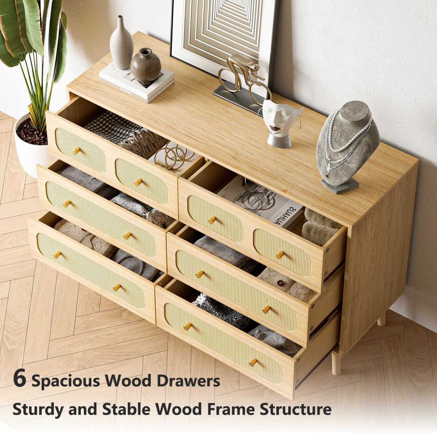 SINROM® Rattan Dresser for Bedroom, Modern 6 Drawer Dresser with Gold Handles, Wood Storage Chest of Drawers for Bedroom, Living Room, Hallway and Entryway, Natural