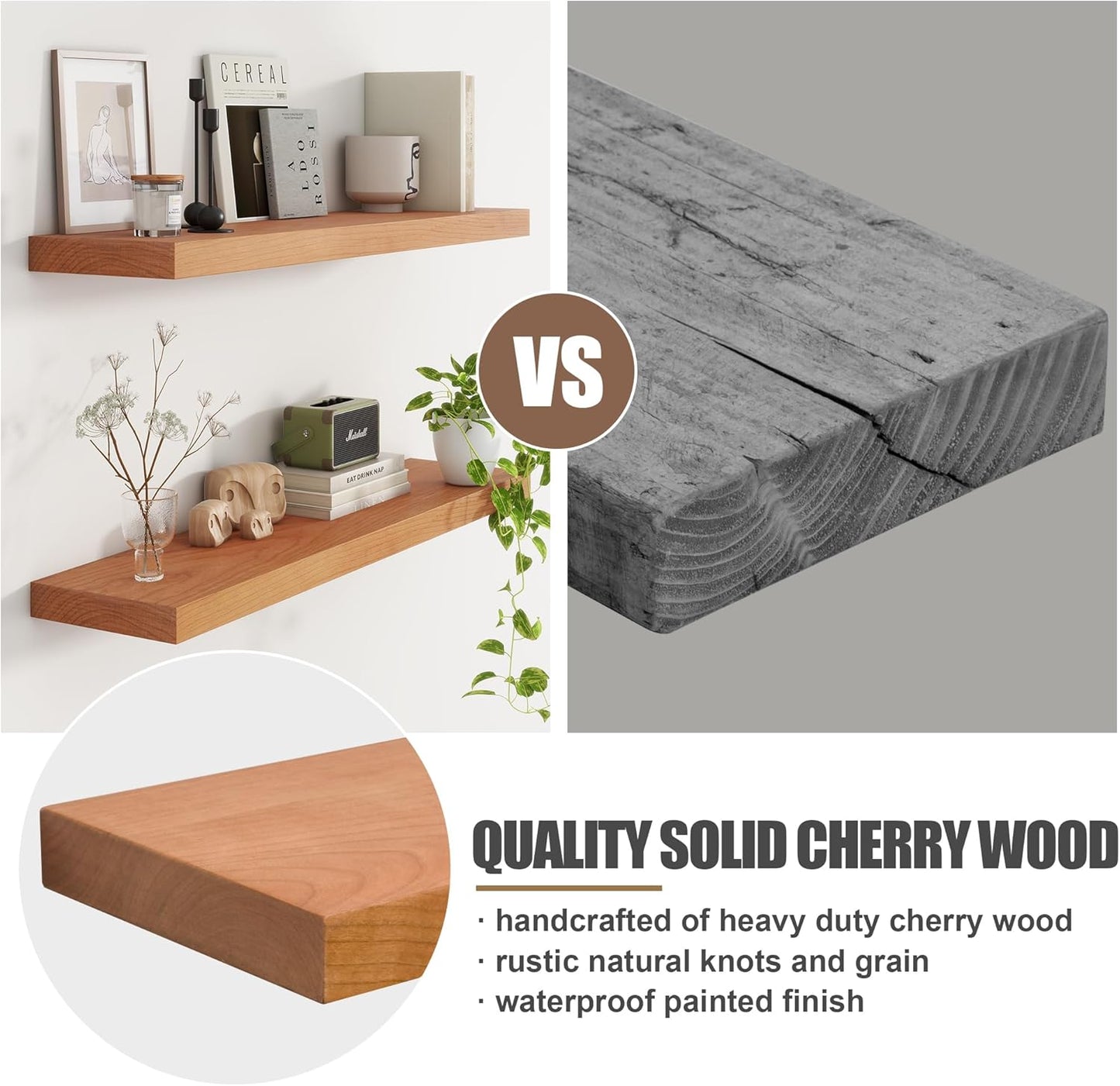 Floating Shelves for Wall, USA-Sourced Cherry Wood 48 Inch Long Wall Shelves, Natural Wooden Wall Mounted Picture Ledge Shelf, Nursery Book Storage Shelf Kids Bookshelf, Display Shelf for Bathroom