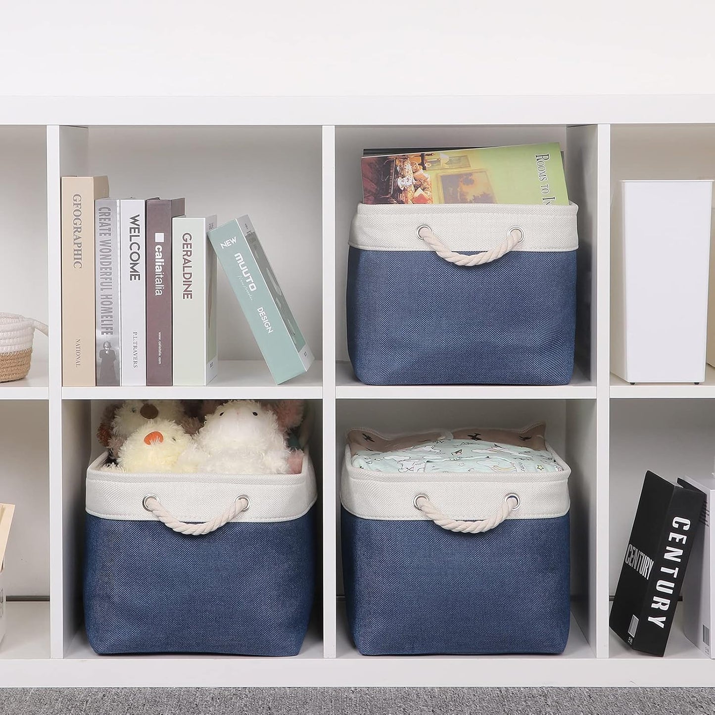 Bidtakay Storage Baskets Collapsible [3-Pack] Decorative Storage Bins with Cotton Rope Handles 15 X 11 X 9.5 Inch Organizing Baskets for Shelves Clothes Closet Navy Blue Baskets for Gifts Empty