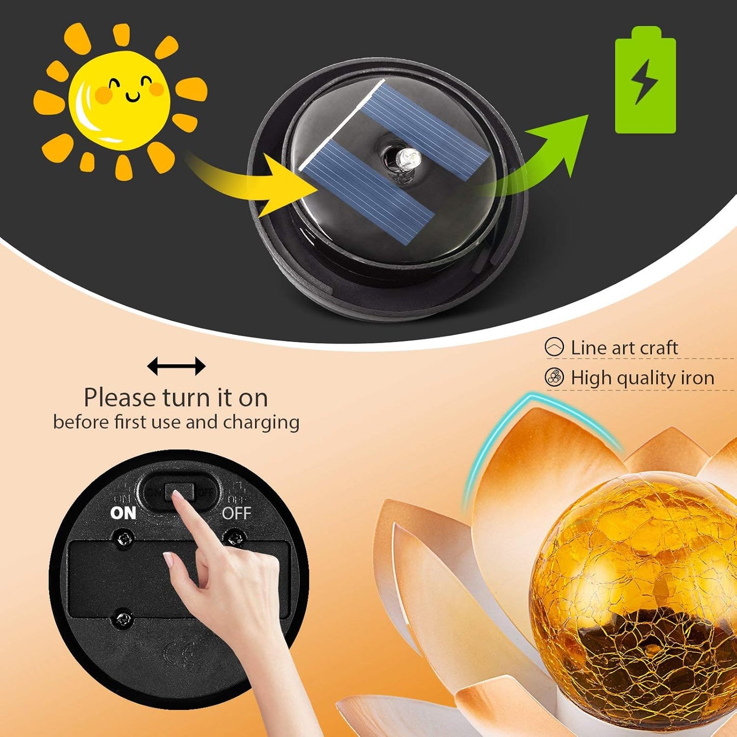 Garden Solar Lights Outdoor(2Pack) , Amber Crackle Globe Glass Lotus Decoration , Waterproof Orange Metal LED Flower Lights for Patio,Lawn,Walkway,Tabletop,Ground, Garden Gifts for Women