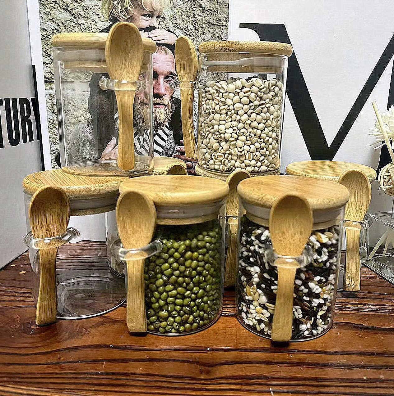 7.6 oz Airtight Mini Glass Jars with Bamboo Lids and Bamboo Spoons, Spice Jars Small Food Storage Containers for Kitchen, Bathroom, Home Decor Set of 8