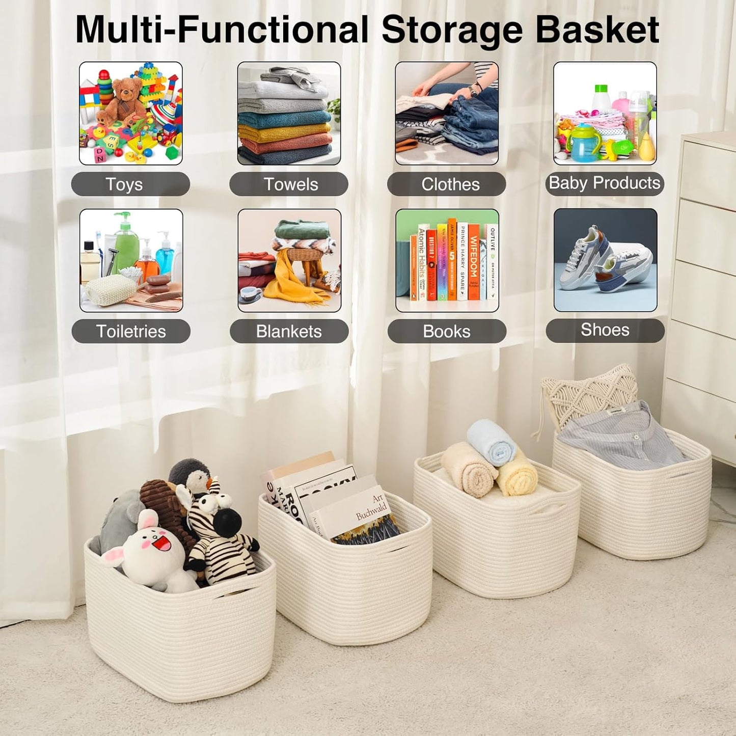 Storage Baskets for Organizing & Shelves, Woven Cotton Rope Organization Bins for Dog Toys, Clothes, Books, Nursery Organizer, 15" Lx11''Wx9.5''H, (4 Packs) Off White