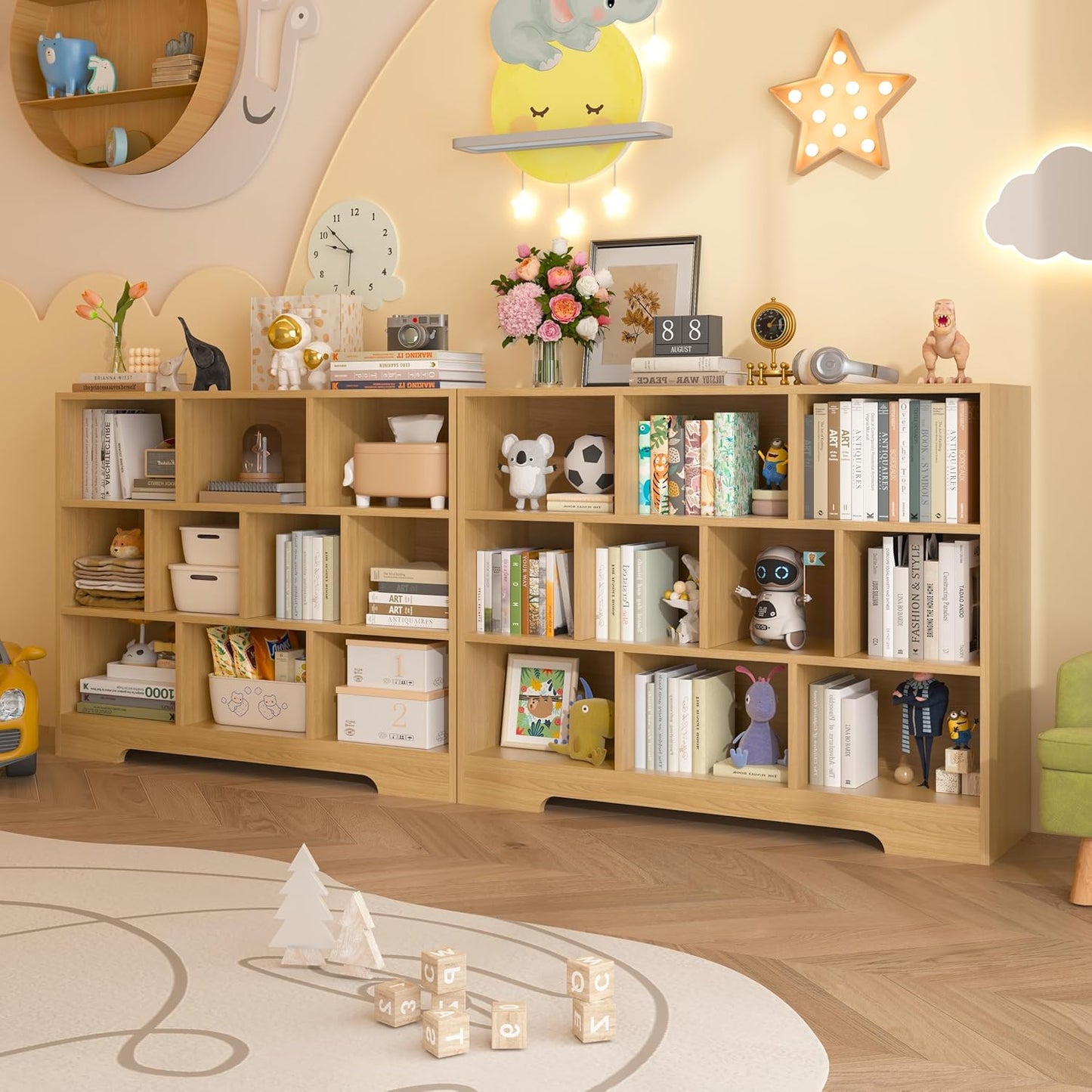 Book Shelf Set of 2, 10 Cubes Storage Organizer, 3-Tier Open Bookshelf Wooden Bookcase, Freestanding Log Bookshelf Cube Shelf for Bedroom, Living Room, Home Office