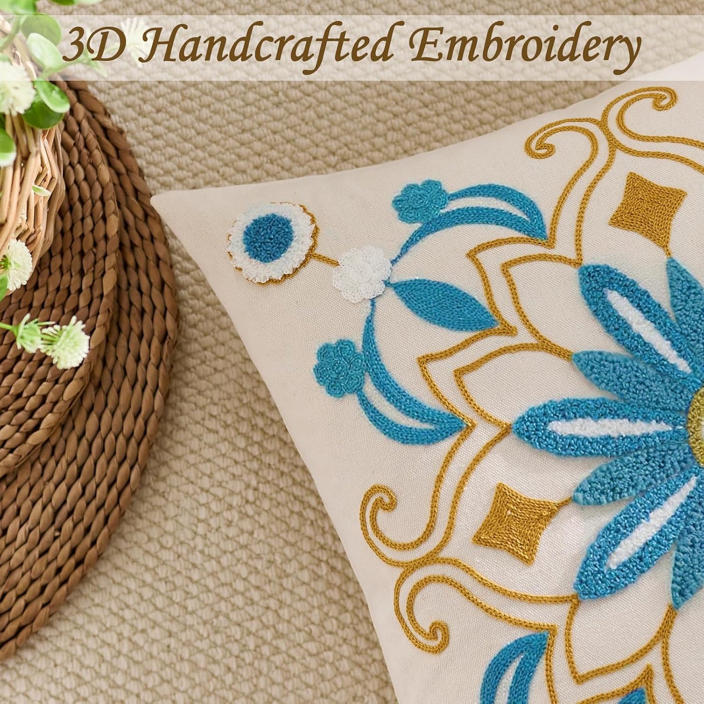 Embroidered Throw Pillow Cover 18x18 Classic Boho Floral Pattern Pillows Cover Outdoor Decorative Pillowcase,Durable Cozy Textured Cushion Case for Sofa Couch Bed Living Room,Teal