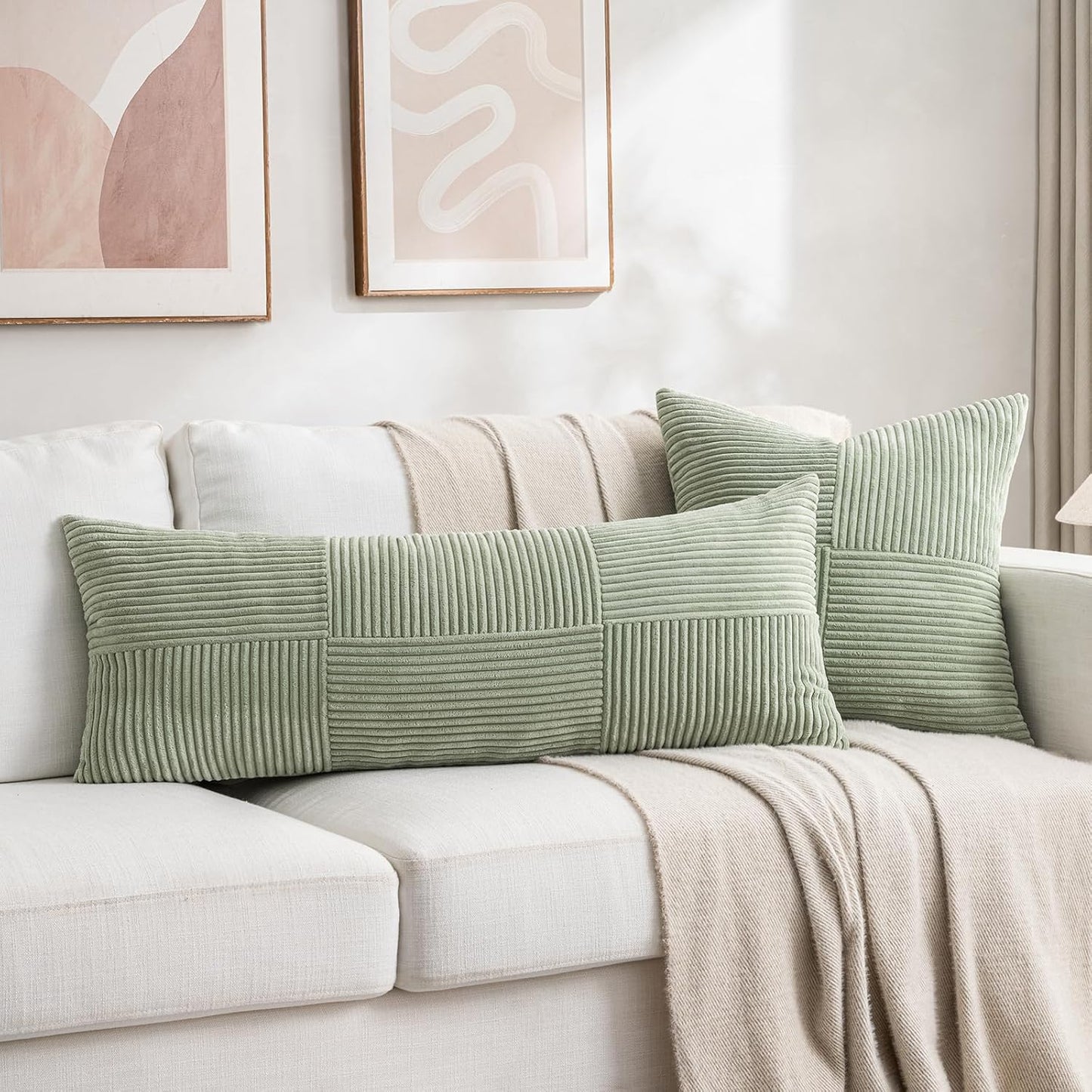 Fancy Homi Set of 2 Sage Green Boho Long Lumbar Body Decorative Throw Pillow Cover 14x36 Inch for Bed Couch Bedroom Bench, Soft Patchwork Corduroy Textured Pillow Case, Rustic Farmhouse Room Décor