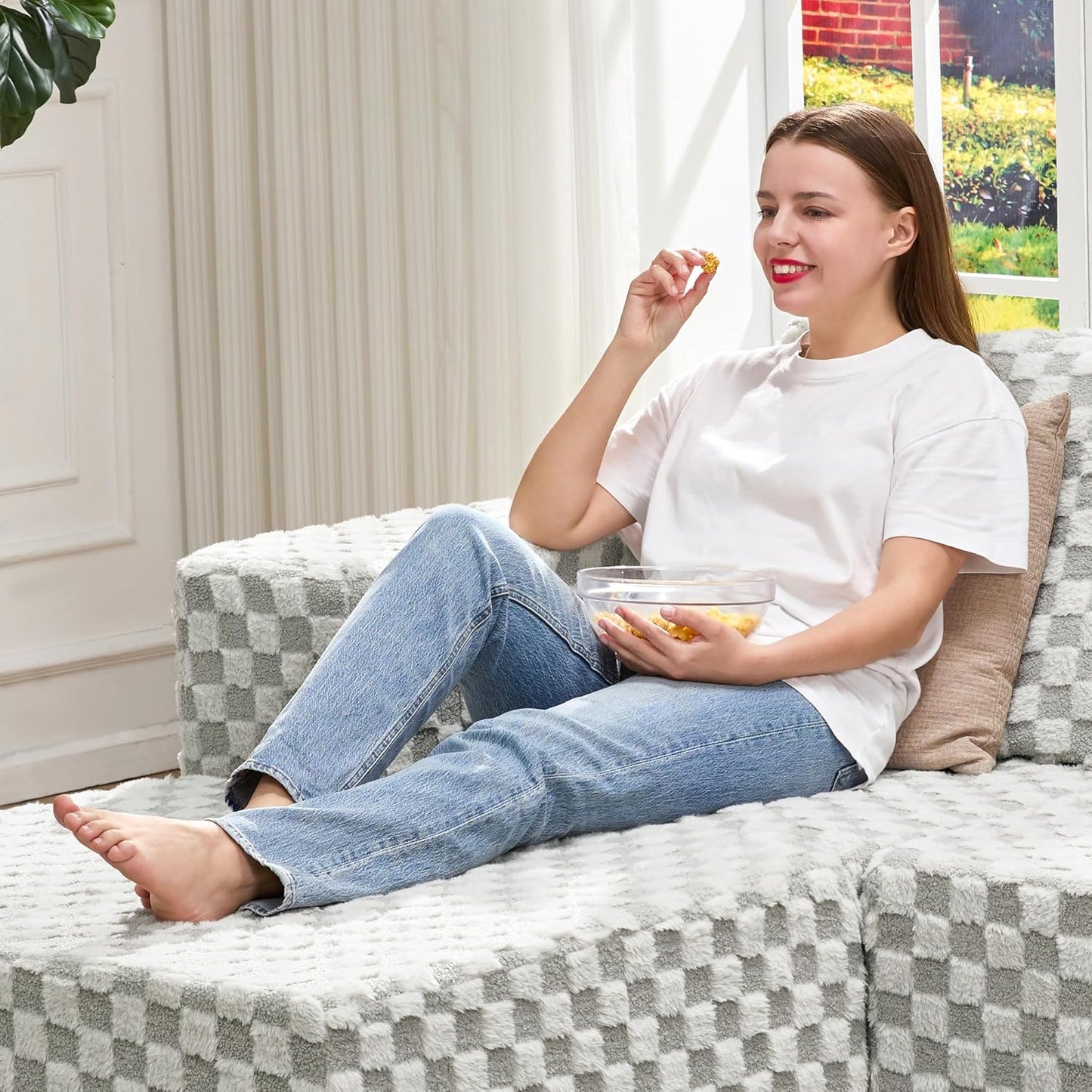 Hobestluk Rectangle Ottoman Memory Foam Footrest for Couch with Removable Cover Large Floor Seating for Adults Ottoman Coffee Table for Living Room, Bedroom or Office (Plush GREYOLIVE, Footrest)