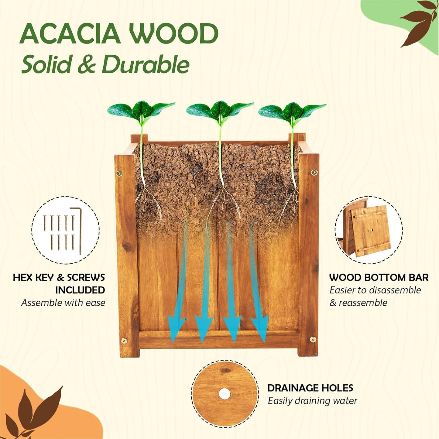 Idzo Set of 2 Hardwood Outdoor Flower Box, Durable Acacia Wood Flower Boxes for Outdoor Plants with Ergonomic Handles, Drainage Holes, Multiple Sizes Wood Bucket Planter for Home Décor