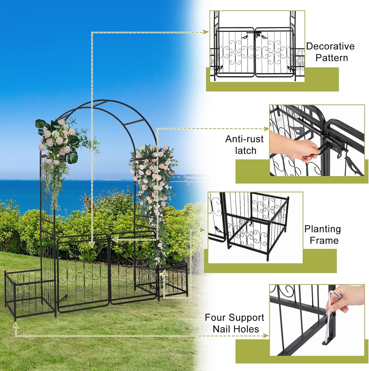 VINGLI Garden Arbor Arch with Gate and Planter Box, Wedding Arch Archway for Ceremony Party, Trellis for Plant Climbing, Christmas Decorations Pergola for Backyard, Lawn, Patio, Yard