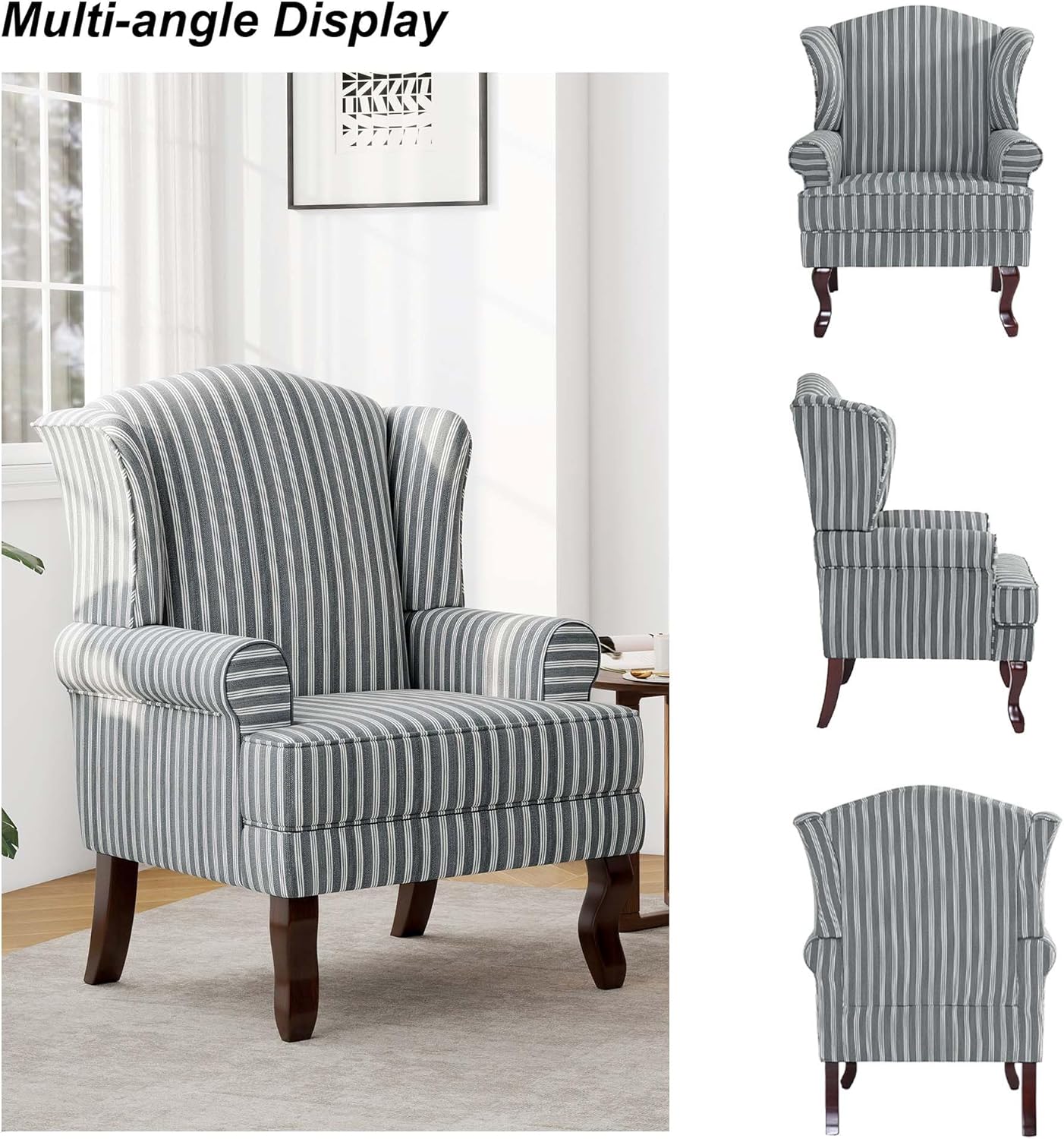 Accent Chair, High Back Upholstered Armchair with High Resilience Sponge & Wood Legs, Mid-Century Modern Comfy Single Sofa Reading Chairs for Living Room, Bedroom (Stripe Grey, Set of 1)