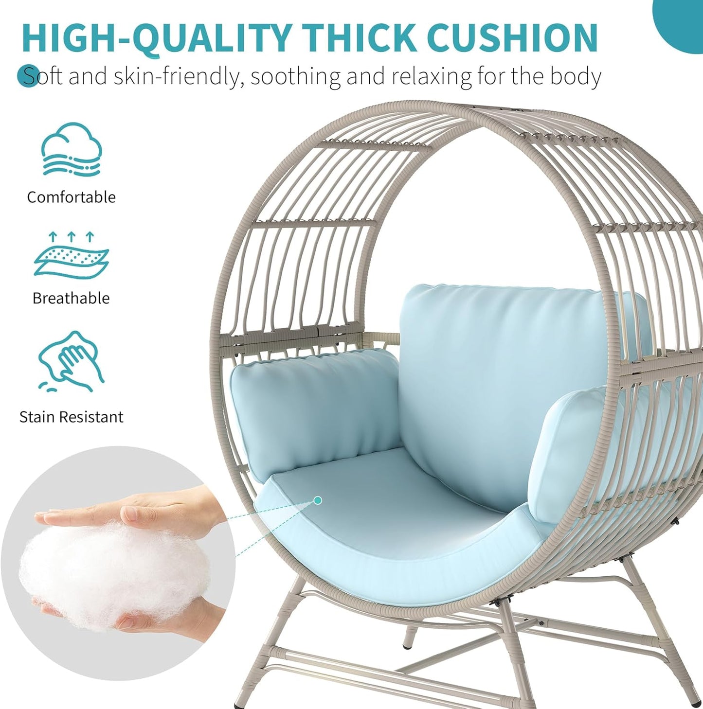 Egg Chair Outdoor Indoor, Oversized Rattan Chair with Thicken Cushion, 350LBS Capacity Wicker Patio Lounge Chair, Basket Chair for Living Room Balcony Porch Backyard, Blue