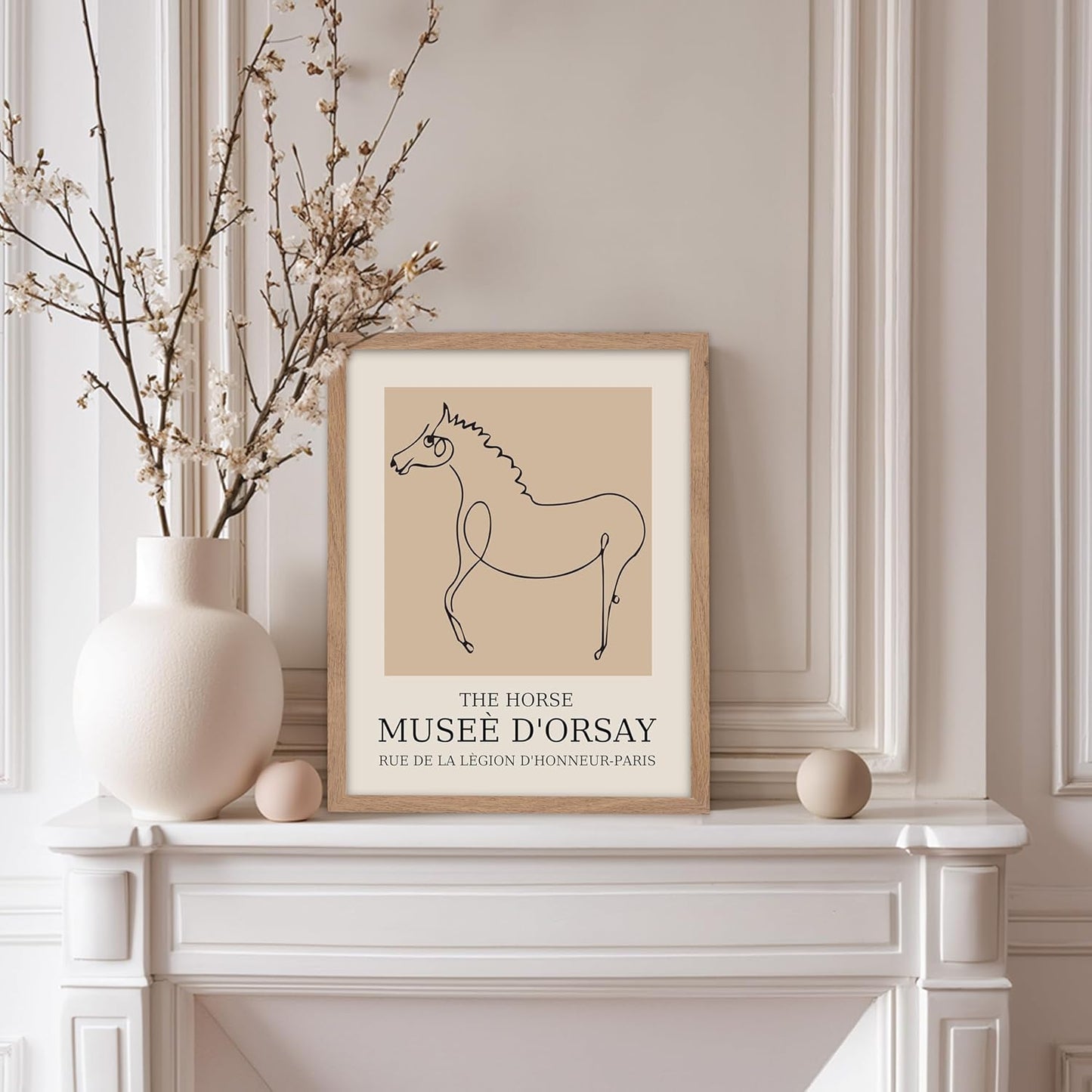 Poster Master Vintage Poster - Retro Minimalist Print - Gift for Artist, Friend - Horse, Line Drawing, Sketch, Abstract - Wall Decor for Living Room, Bedroom, 11x14 Beige Framed