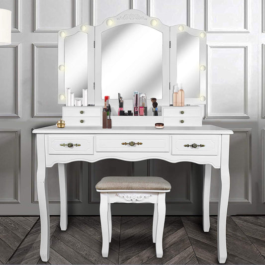 ENSTVER Vintage Vanity Desk with Mirror and Lights, Tri-Folding Mirrors, 6 Organization 7 Drawers Makeup Dress Vanity Table with Cushioned Stool-White